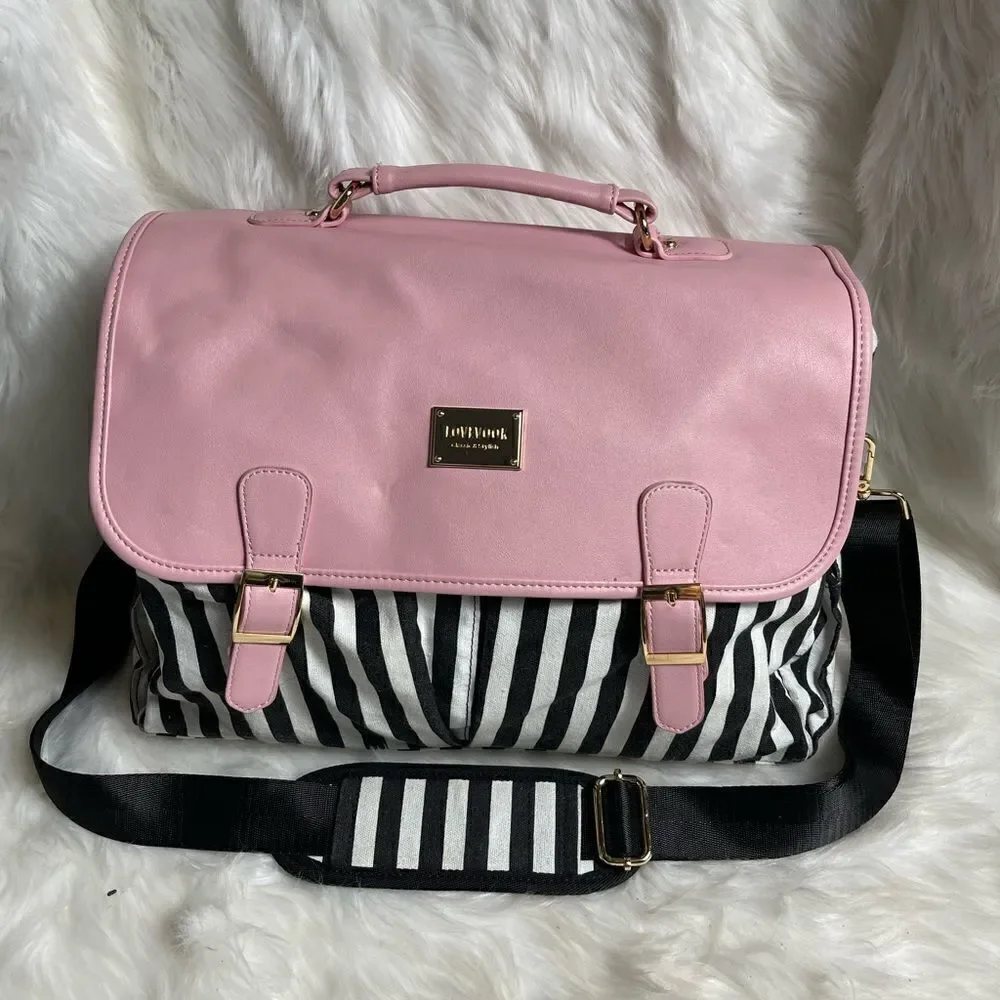 Lovevook laptop  shoulder bag Black & white stripes canvas,pink faux leather